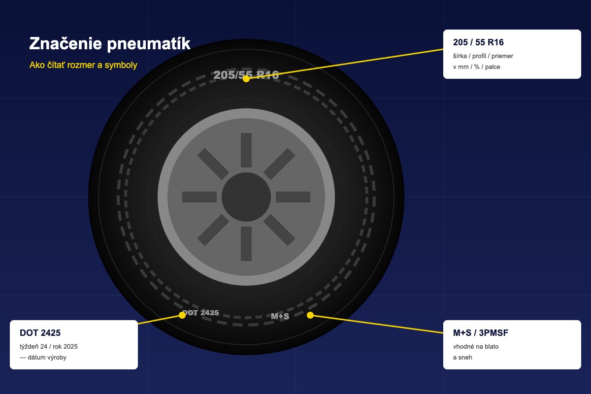 Vysvetlenie značenia na bočnici pneumatiky – rozmery, DOT, M+S